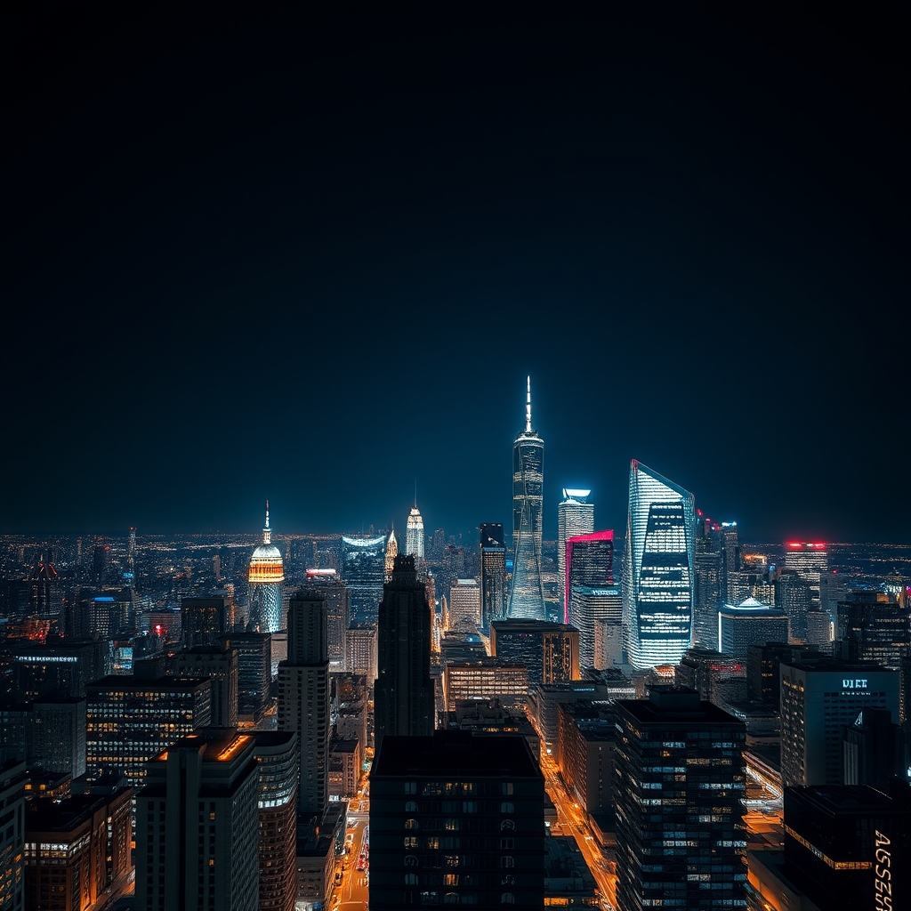 A city skyline at night with neon lights and high-rise buildings.