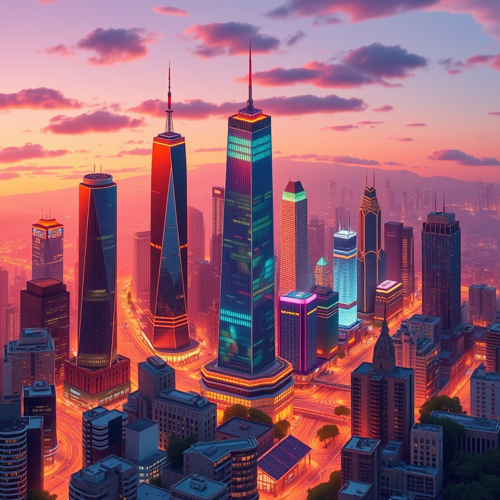A colorful isometric cityscape with skyscrapers and streets at sunset, showcasing a city at dusk with neon lights.
