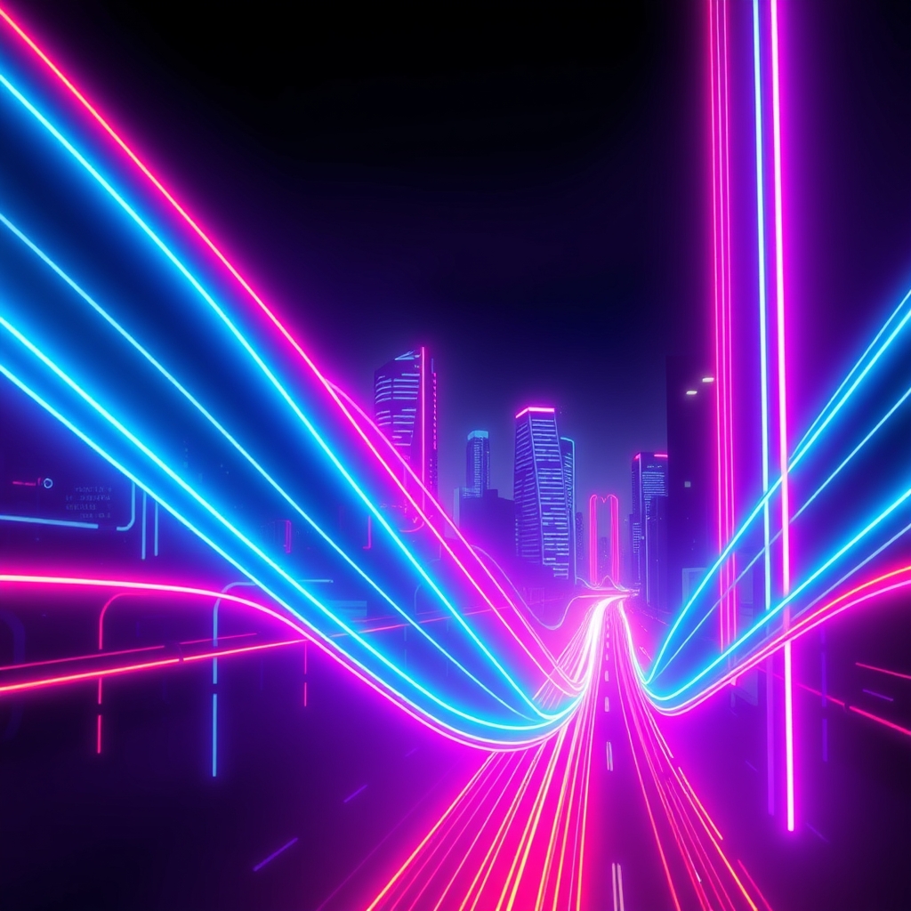A high-tech cityscape at dusk, with vibrant neon lines illuminating the dark background.