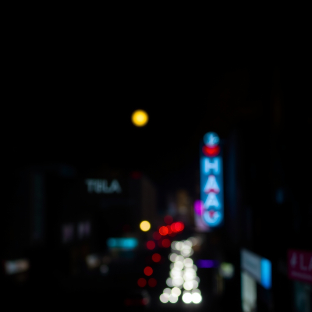 A cityscape at night with softly lit neon lights