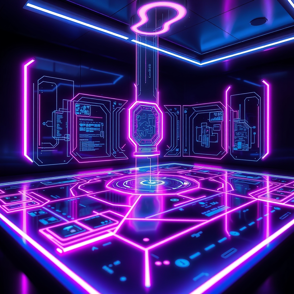 Futuristic hologram interface in dark room with neon lights.