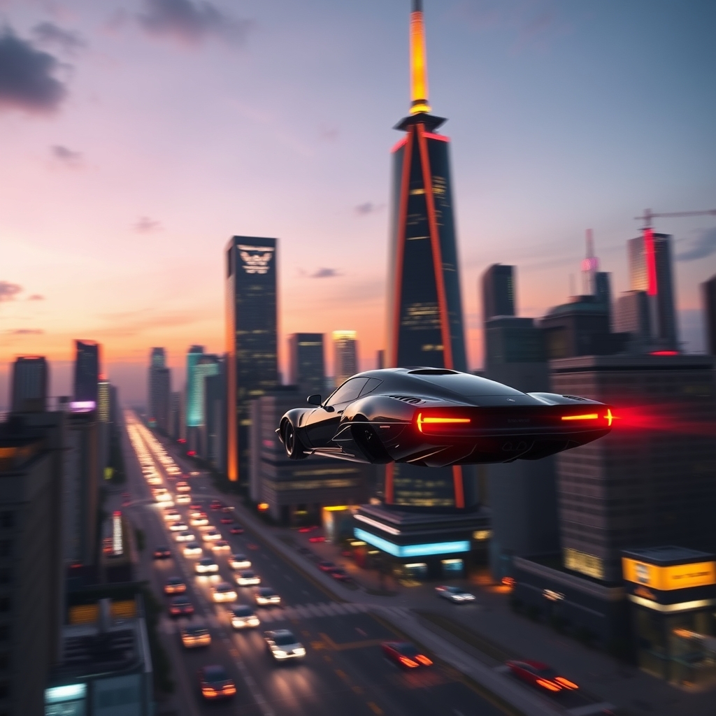 Futuristic cityscape with flying cars at dusk.
