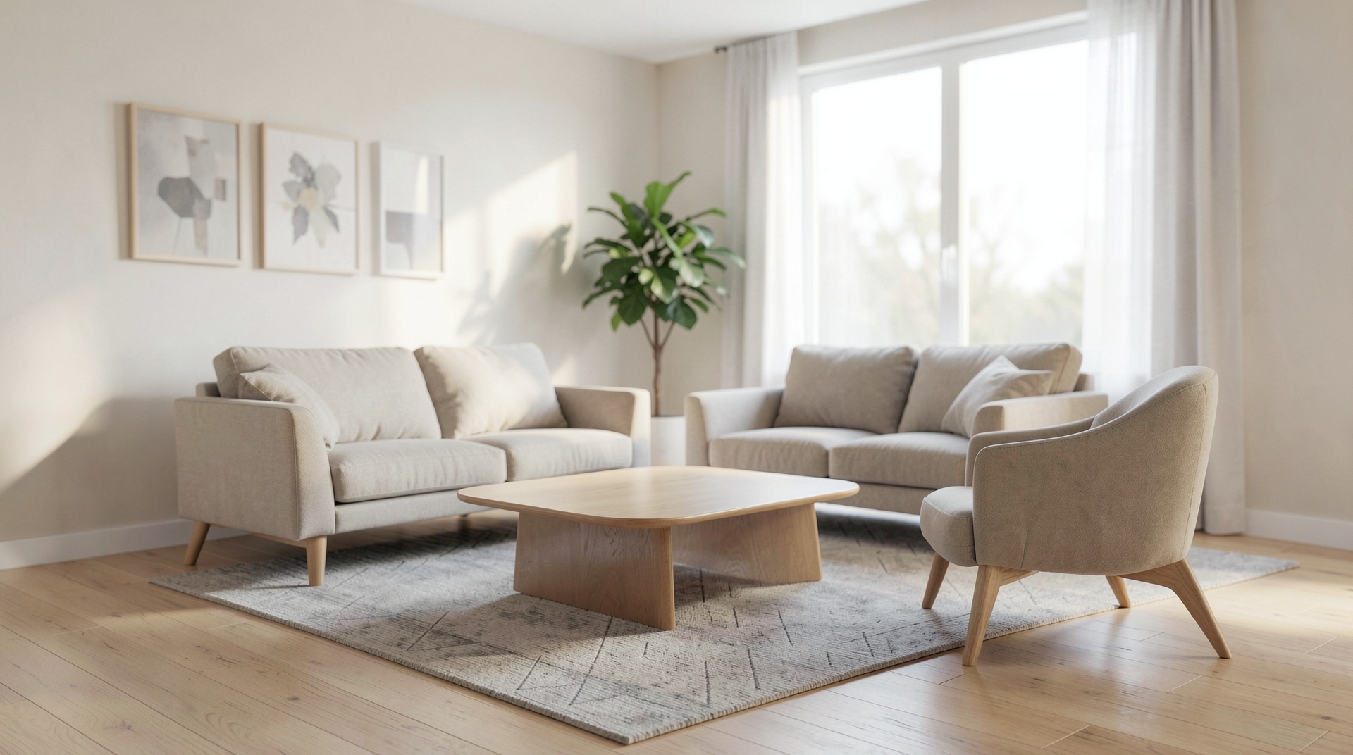 A neutral Scandinavian living room with natural light.