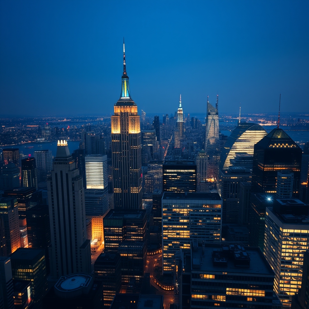 A city skyline at night, with soft lighting and detailed architecture, as seen from the rooftop of a skyscraper.