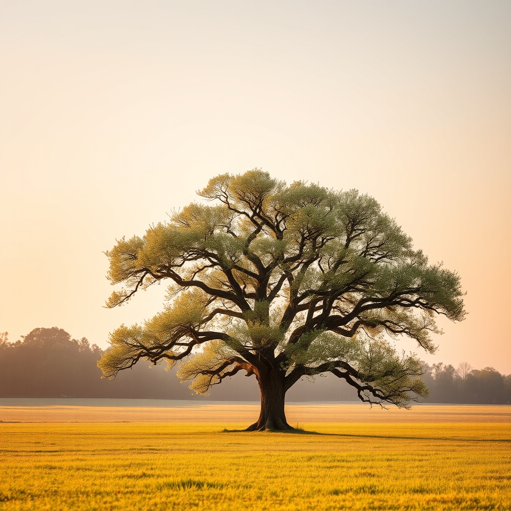 A large oak tree with blooming flowers in a field at sunset.