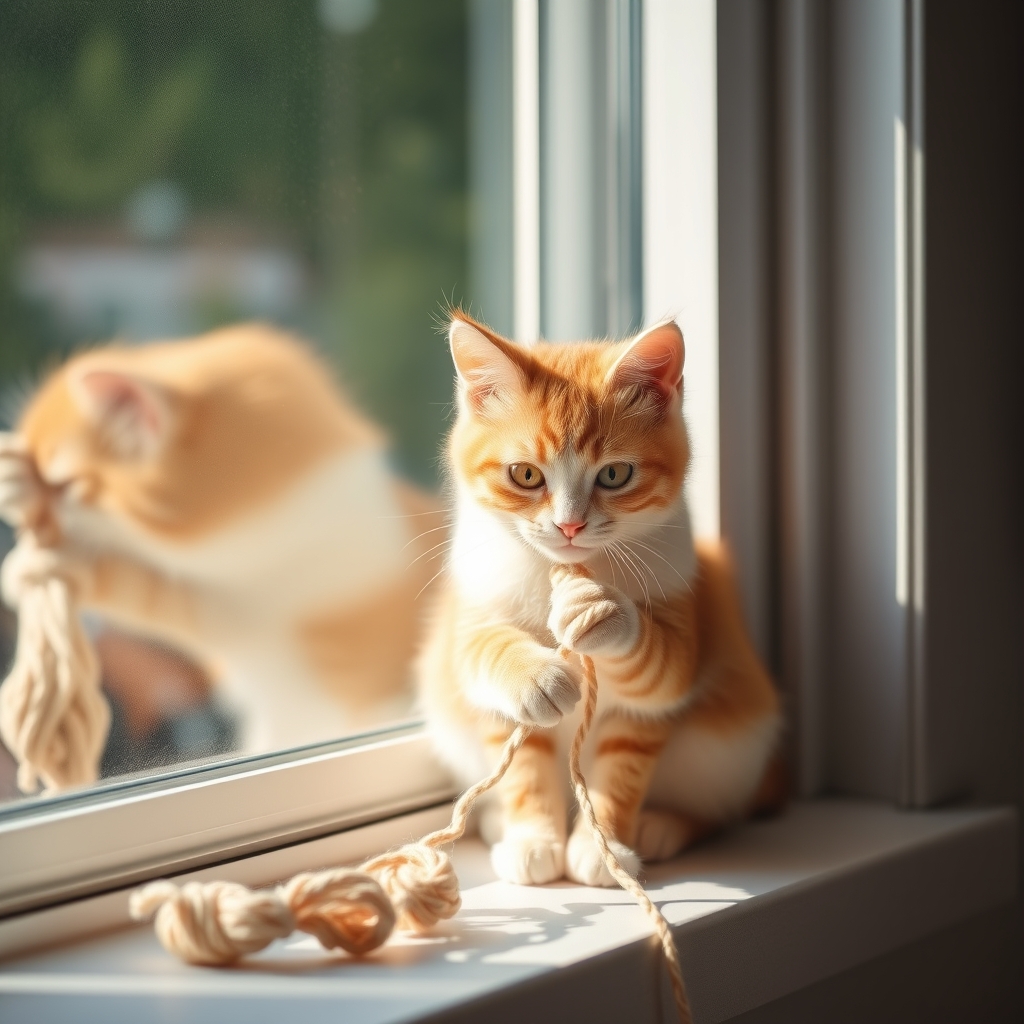 An orange and white cat plays with yarn on a sunny windowsill.
