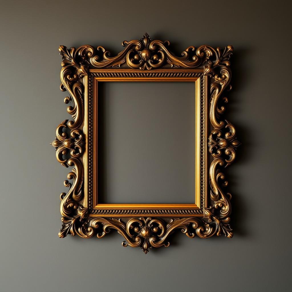 A golden frame with ornate details on a dark wall, lit by warm light.