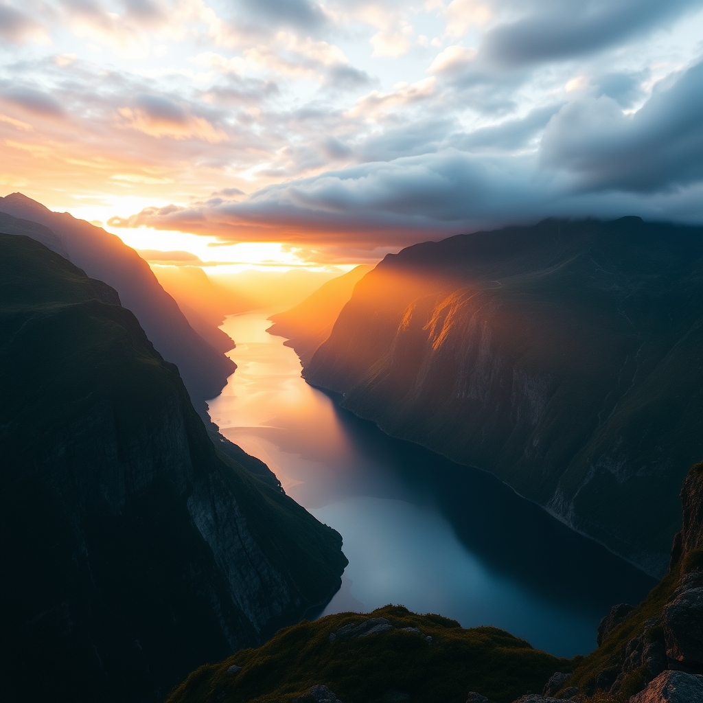 Panoramic Fjord Sunrise with Warm Light