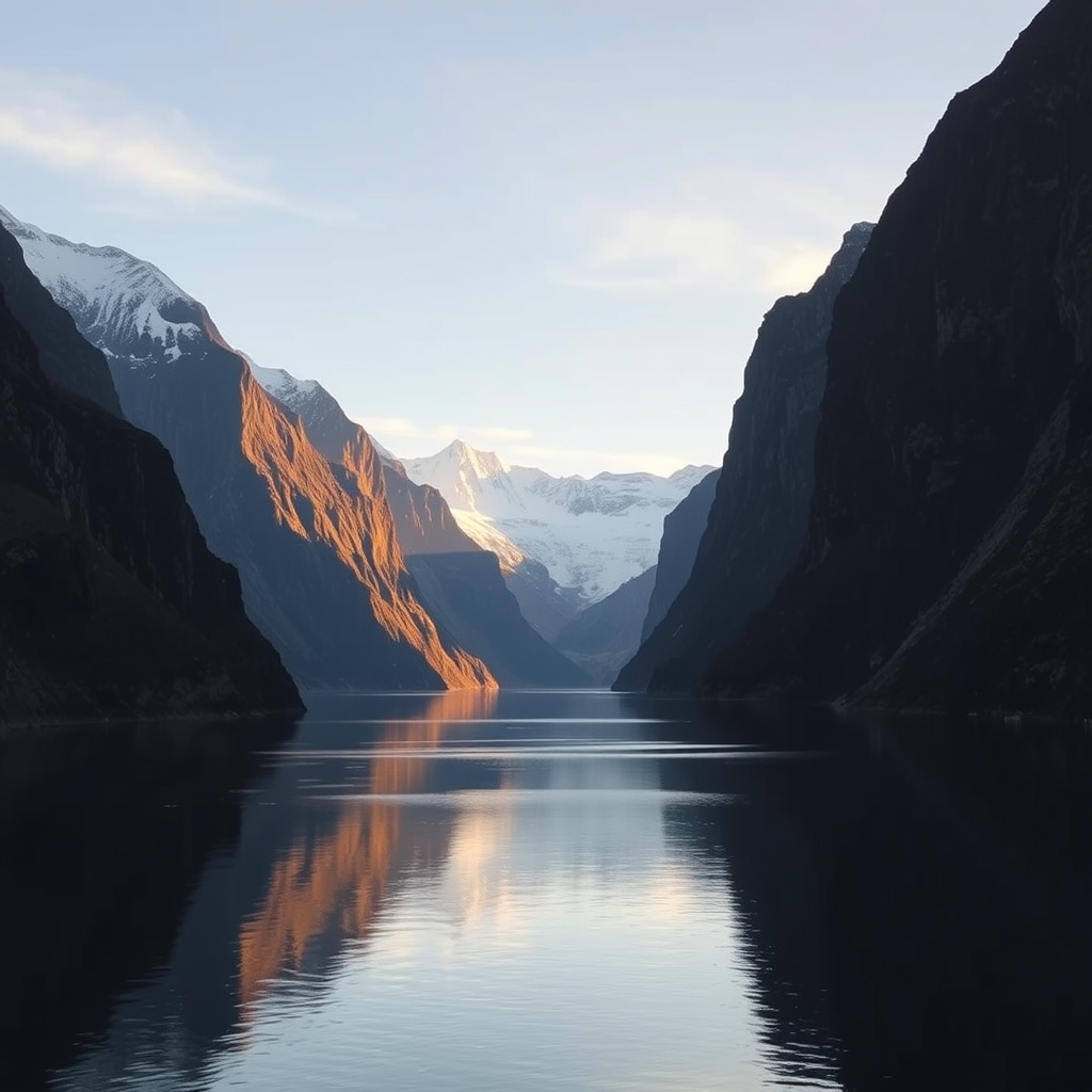 Panoramic sunrise fjord with warm light and reflections on calm water.