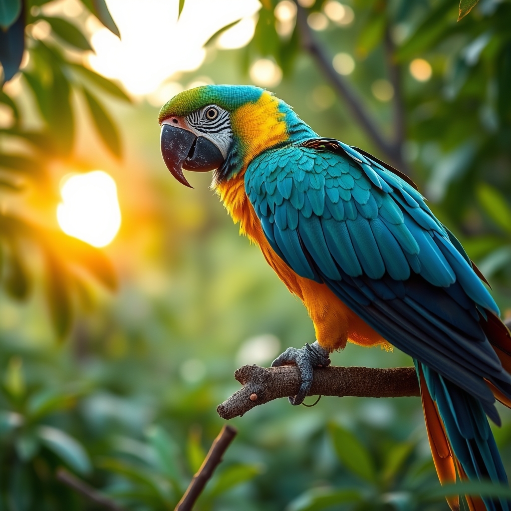 Parrot on a Tree Branch at Sunset