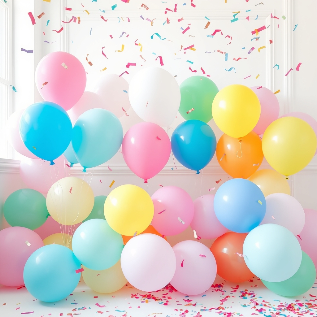 Pastel balloons in a white room