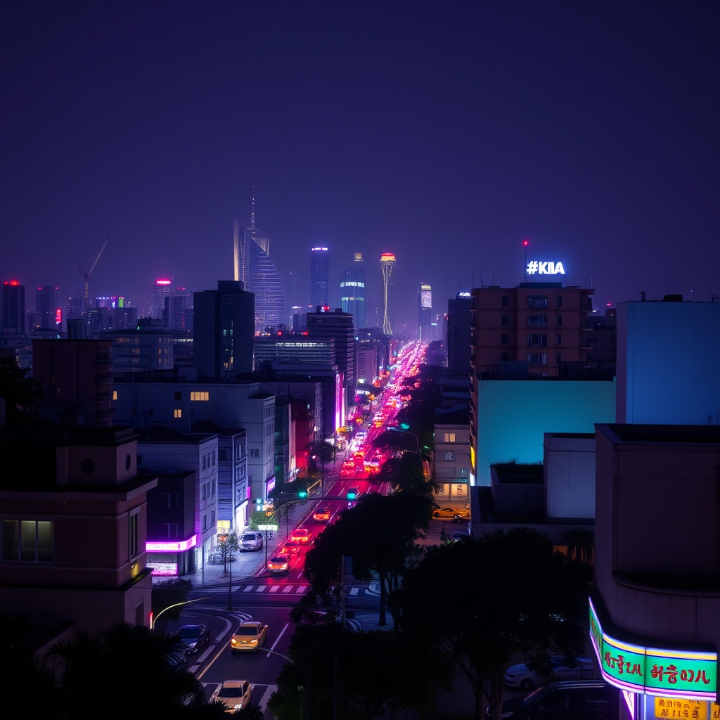 A cityscape at night with pastel colors and neon streetlights.