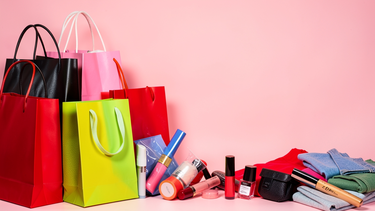 Pastel colored background with assorted shopping bags and products