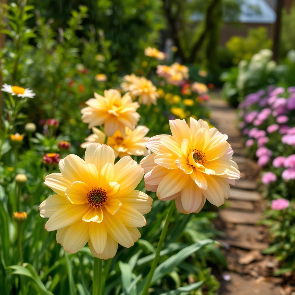Pastel Colored Flowers in a Garden on a Sunny Day