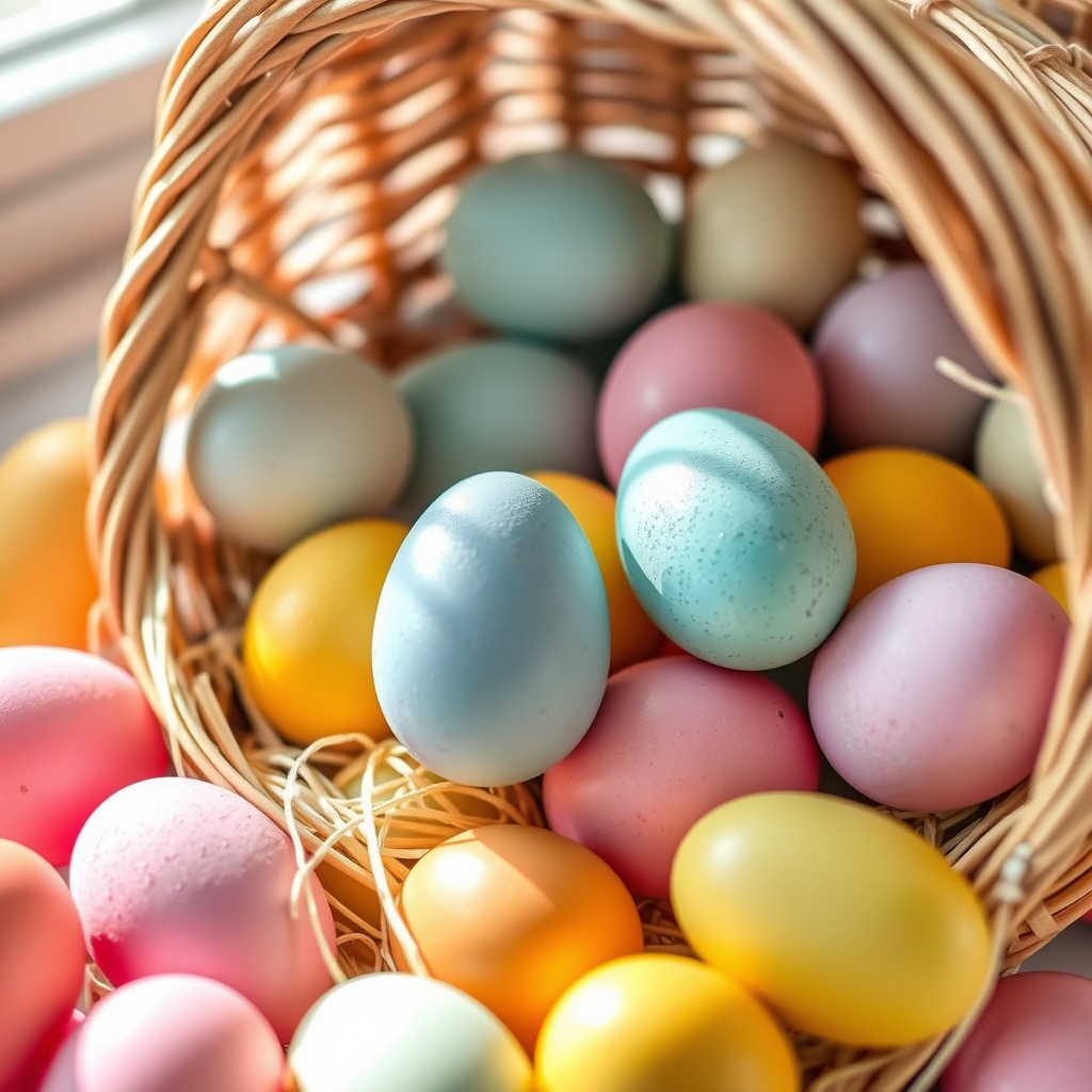 Colorful Easter eggs in a wicker basket, soft natural light, pastel colors.