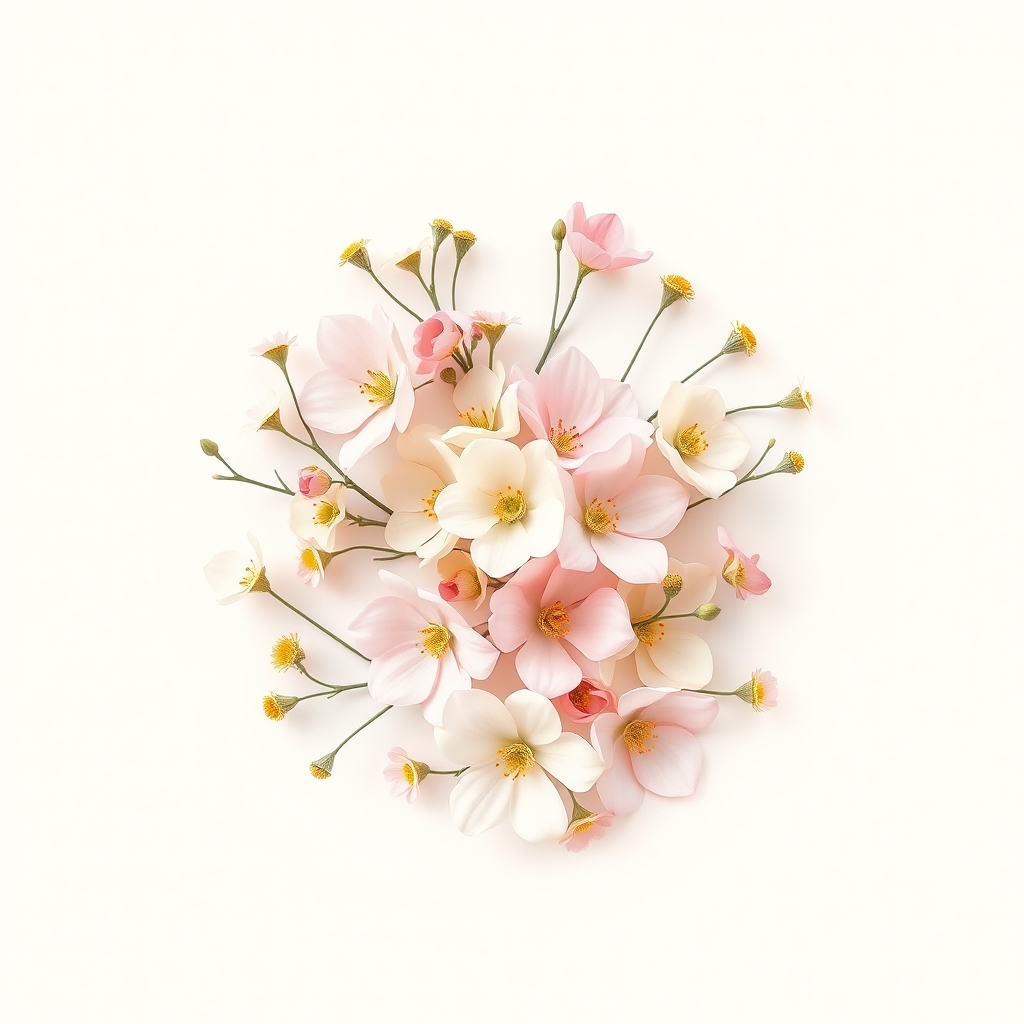 A delicate floral pattern in pastel colors, set against a soft lighting background and arranged in a minimalist composition within a circular frame.