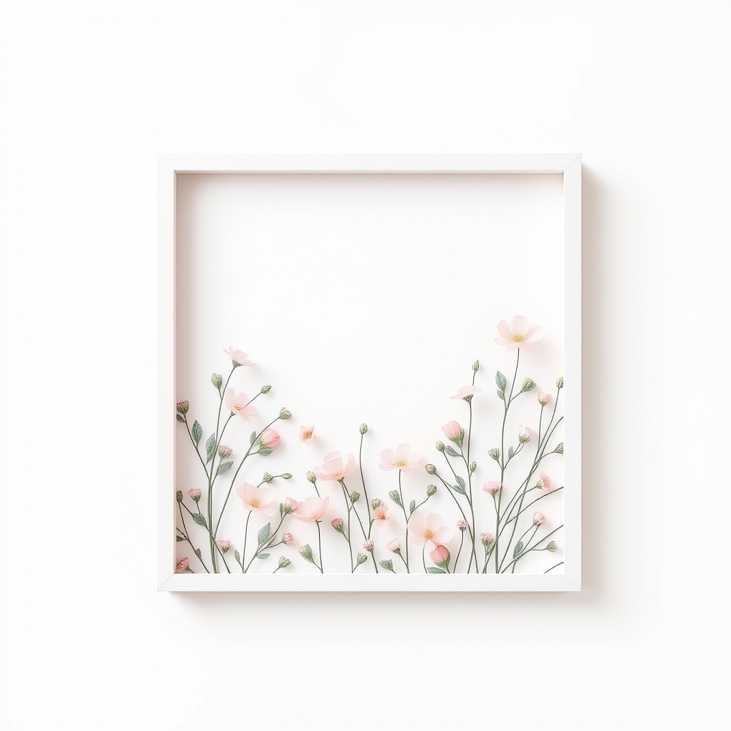 Delicate floral pattern in pastel colors, soft lighting, minimalist composition. Square frame with blooming garden.