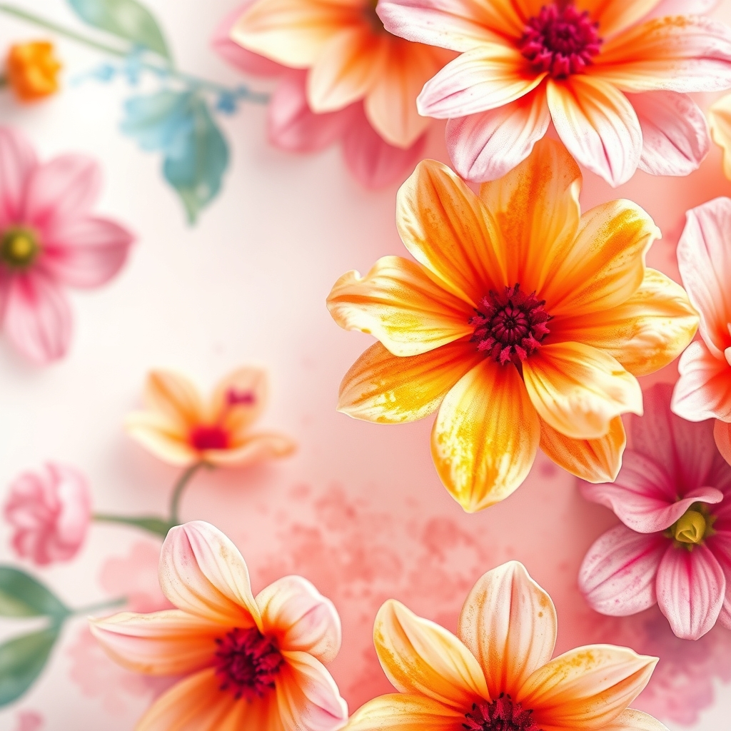 Soft watercolor background with close-up detail, gentle light, pastel colors. Vibrant floral pattern close-up.