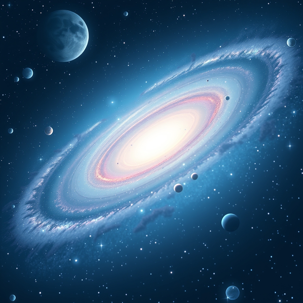 A vibrant, pastel-colored galaxy with a starry night sky and planets in the background.