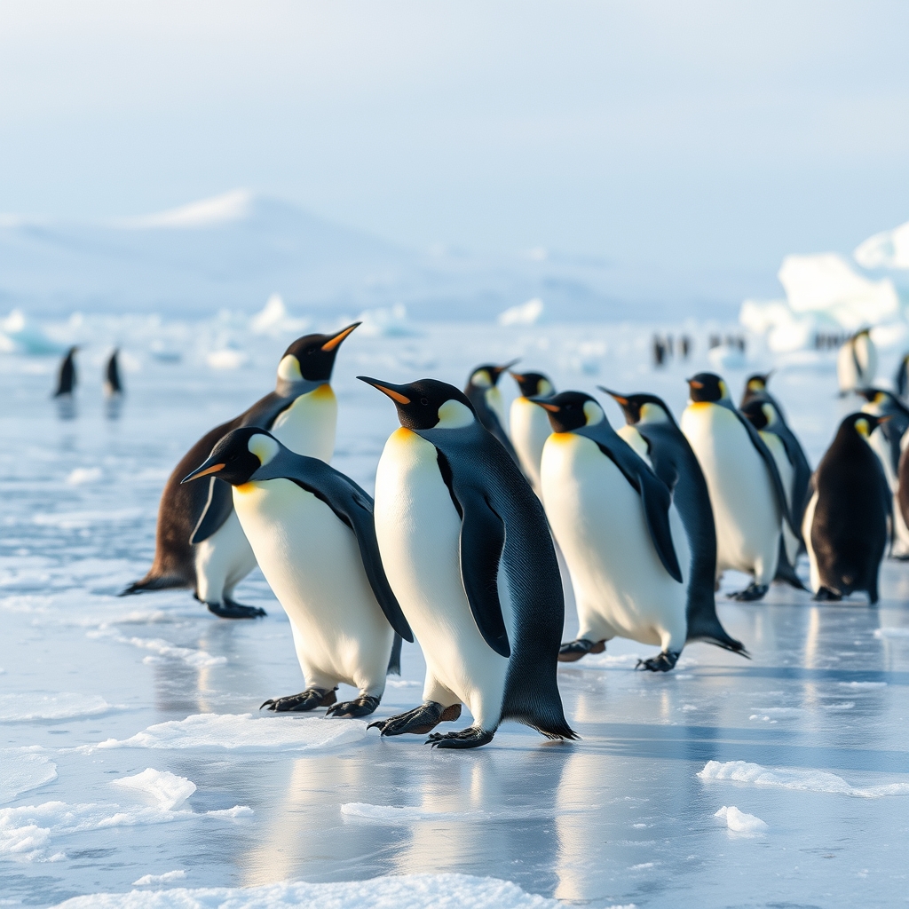 Penguins Sliding on Snowy Ice with Soft Lighting