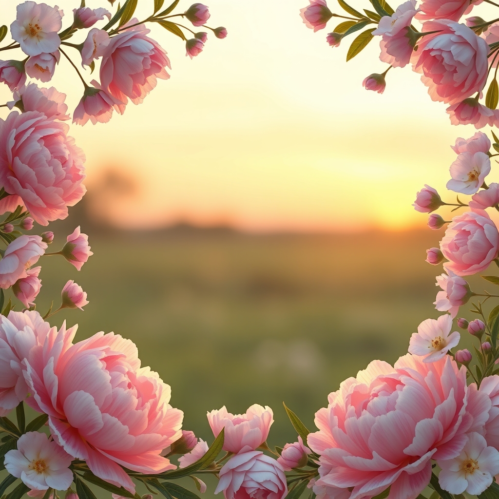 Floral pattern of peonies at sunset.