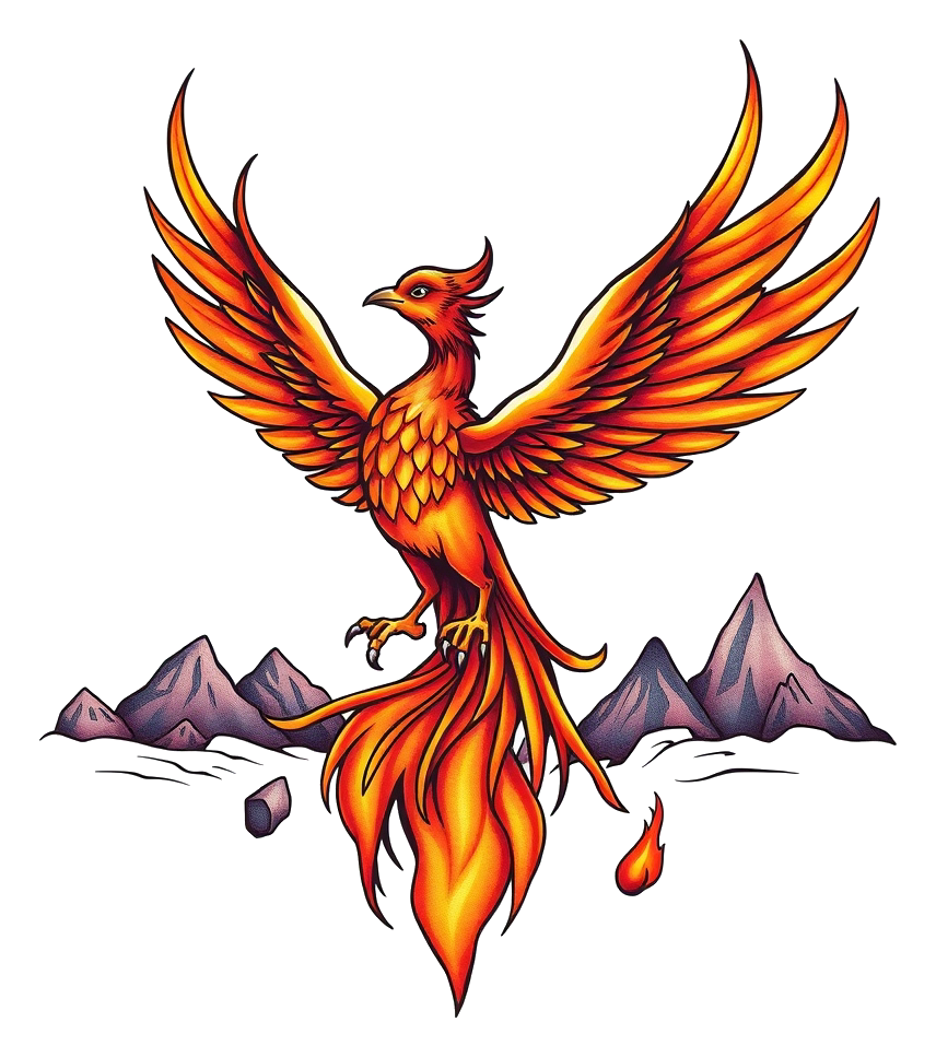 A phoenix rising from ashes in a mystical landscape with warm lighting and vibrant colors.