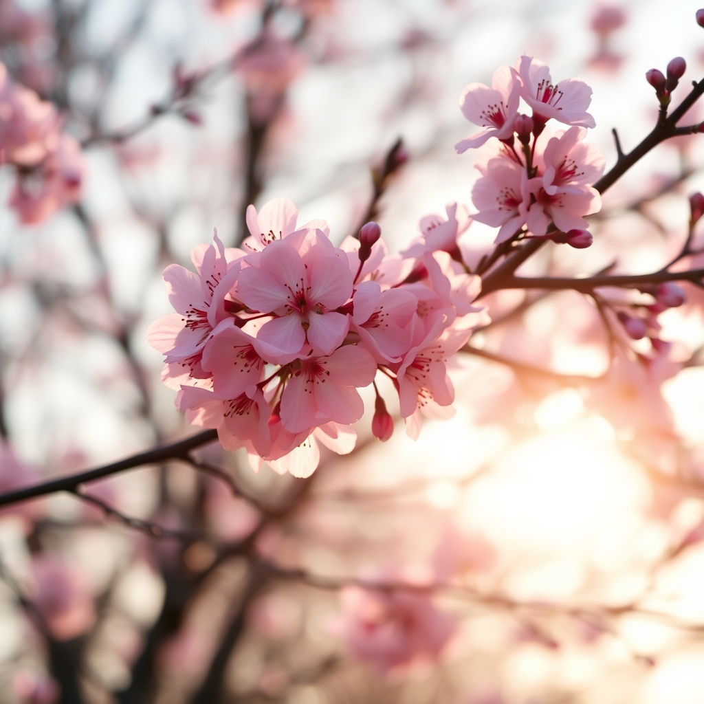 Close-up of pink cherry blossoms on branches at sunrise.