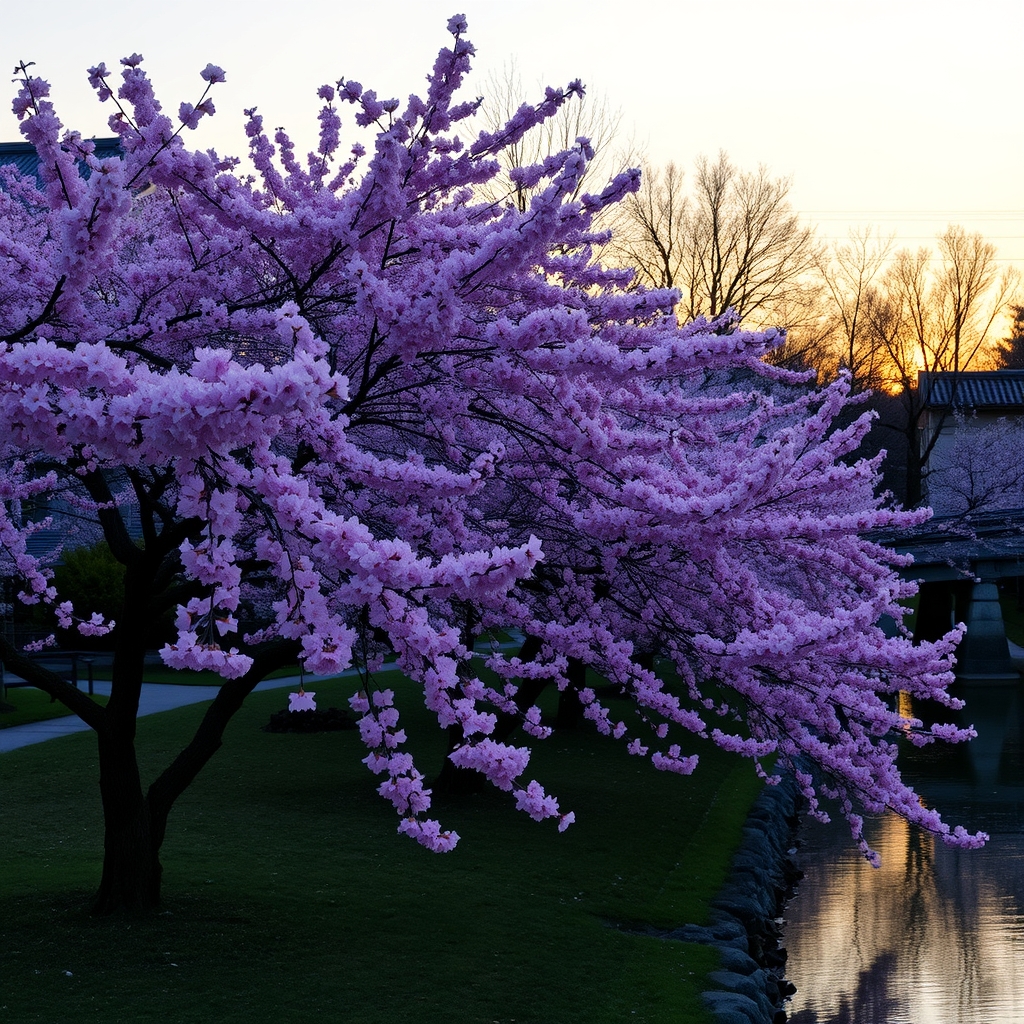 Pink Cherry Blossoms in Japanese Garden at Sunset