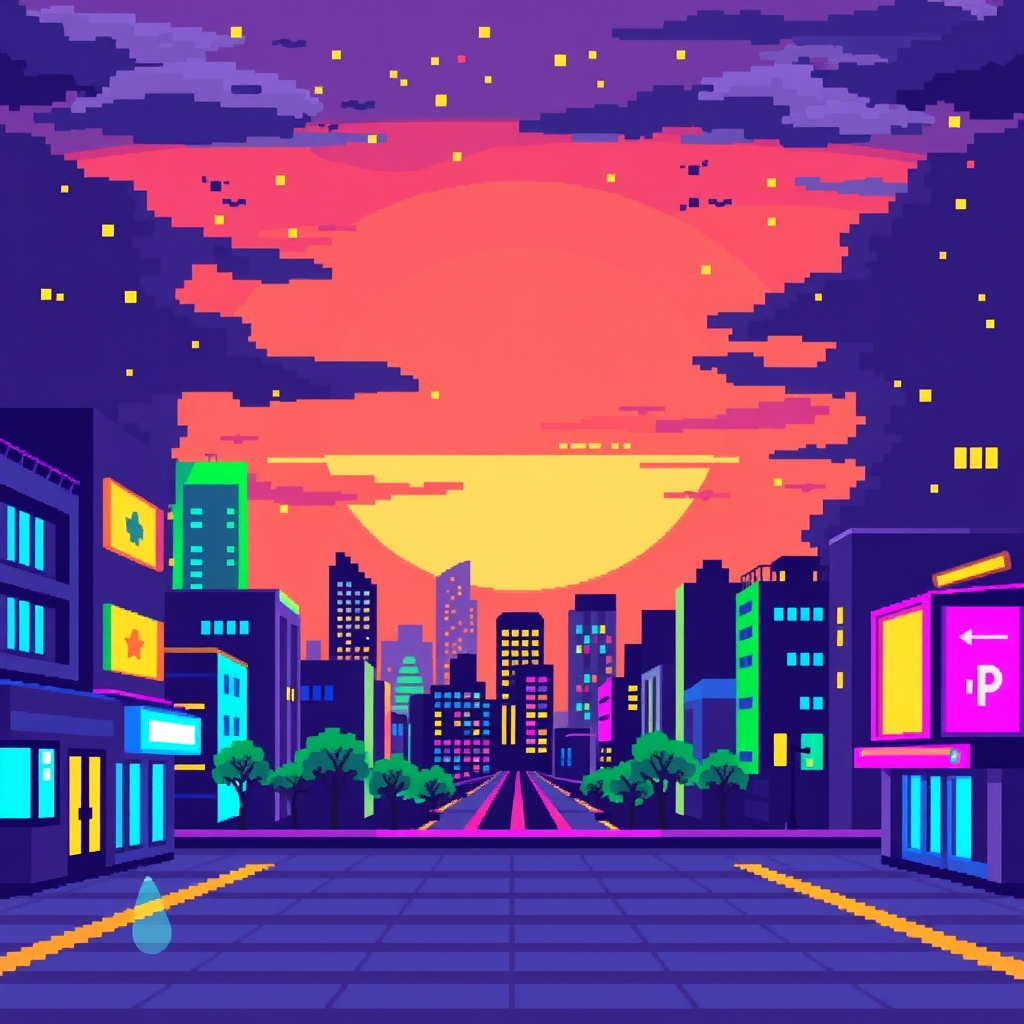 Pixel Art Cityscape at Night with Bright Lighting and 8-bit Style