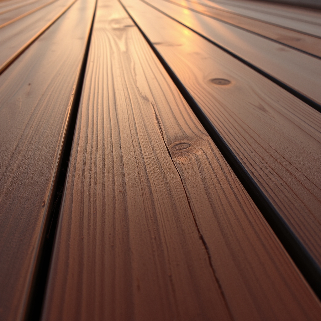 Polished wooden planks at dusk, close-up of natural lighting and warm tones.