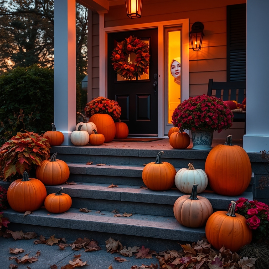 A porch with lit pumpkins and fall flowers on the steps, set against the warm glow of sunset.