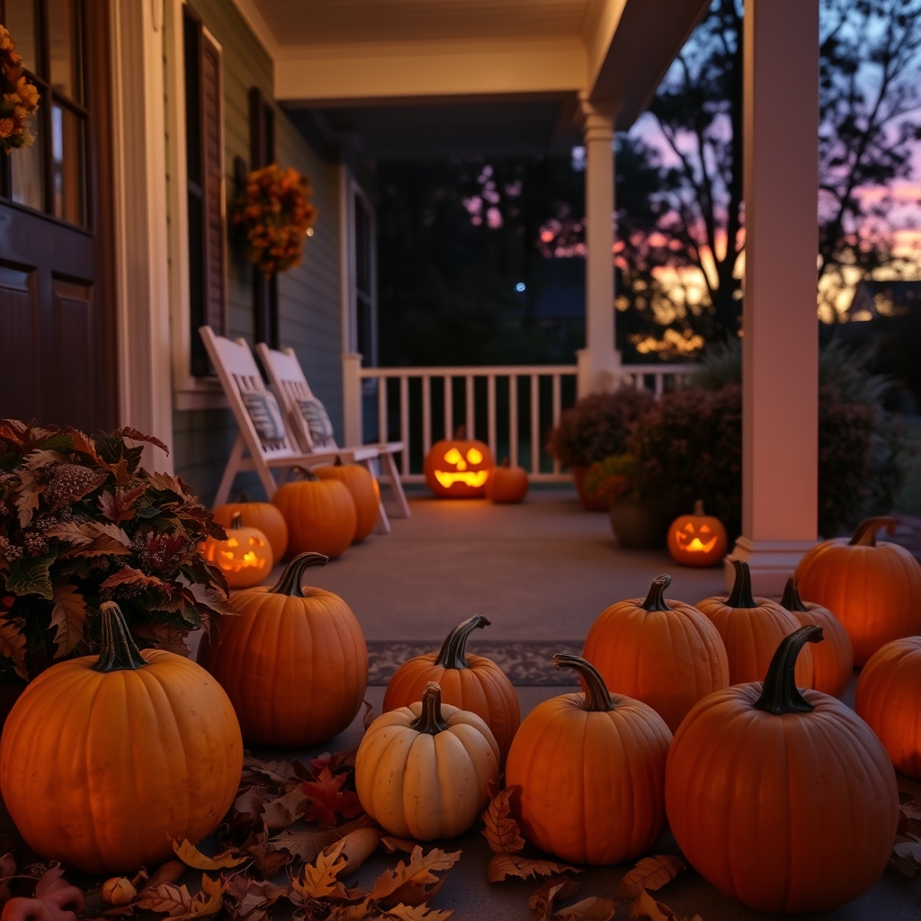 Pumpkins on a Porch at Night with Autumn Leaves