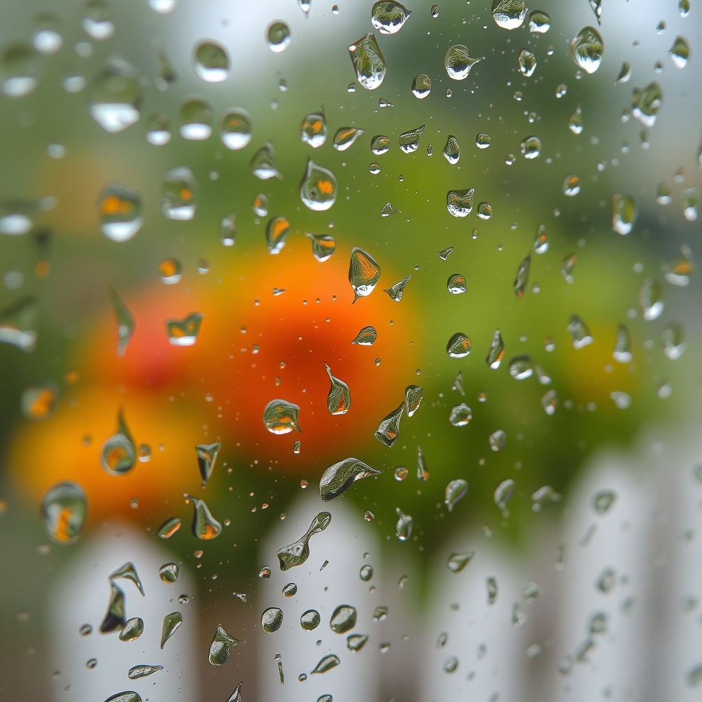 Raindrops on a windowpane, with soft natural light and a blurred background.