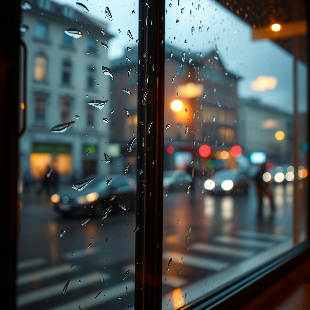 Cozy cafe window on rainy day with warm interior lighting.