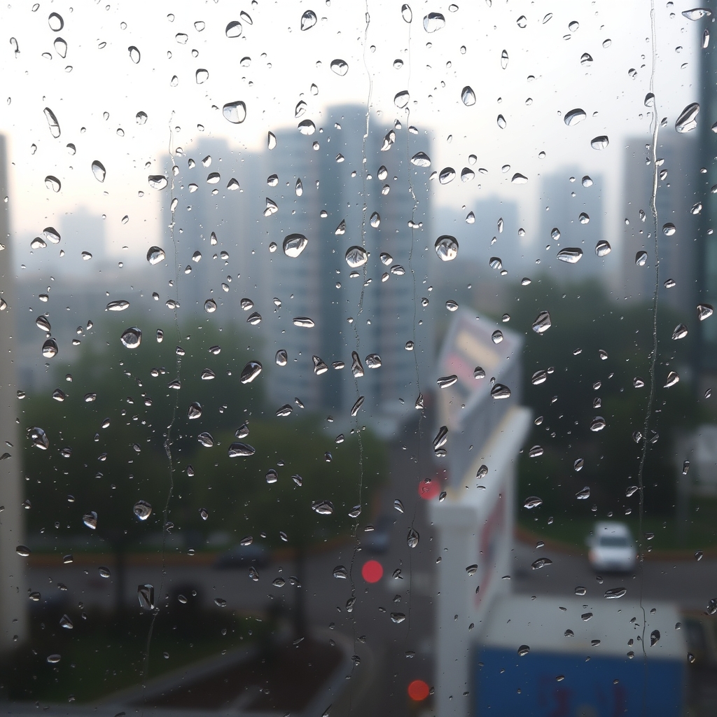 Rainy City Morning with Raindrops on Windowpane