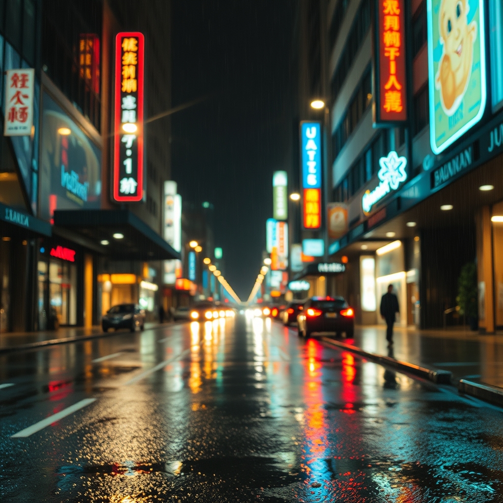Rainy city street at night with neon lights reflecting off wet pavement.