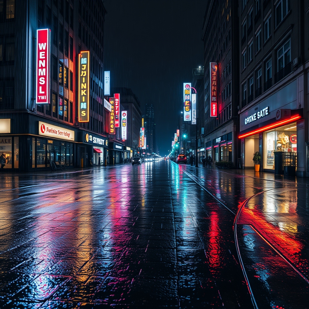 Rainy city street at night with neon lights reflecting off wet pavement