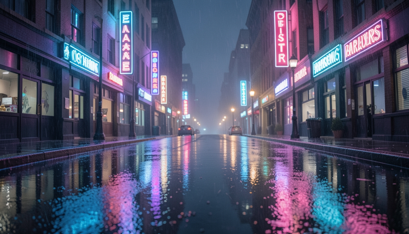 Rainy city street at night with neon lights reflecting off wet pavement