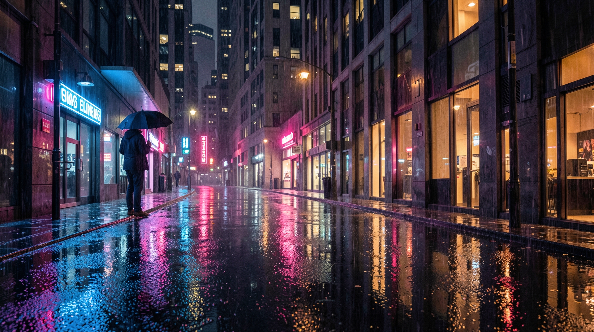 Rainy city street at night with neon lights reflecting off wet pavement