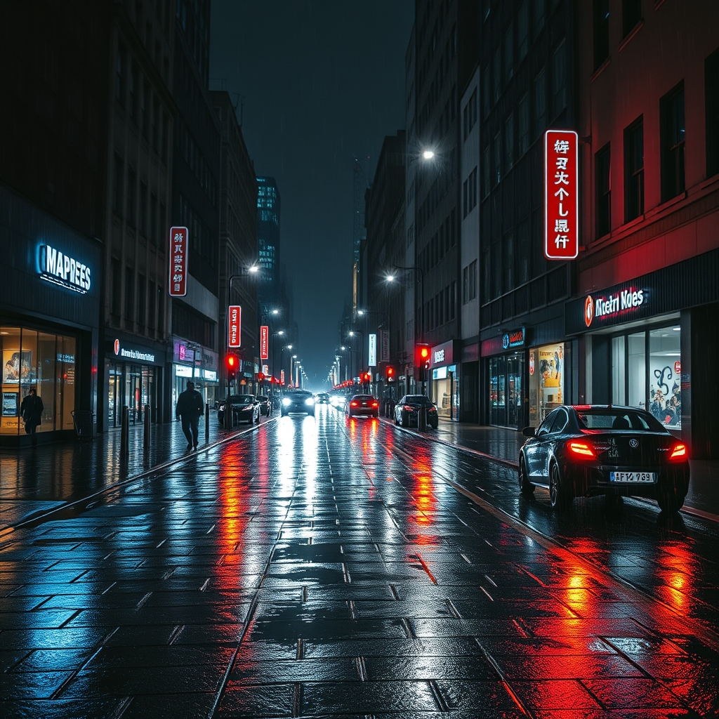 Rainy city street at night with neon lights reflecting off wet pavement