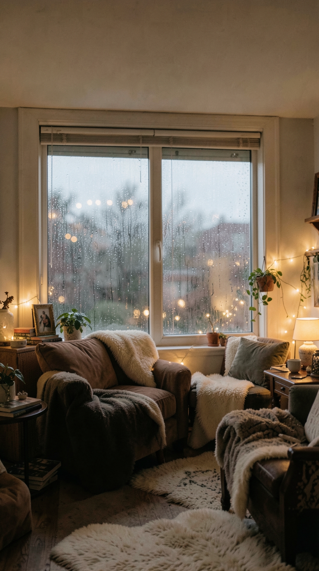 Cozy living room with rainy window and blurred bokeh lights.