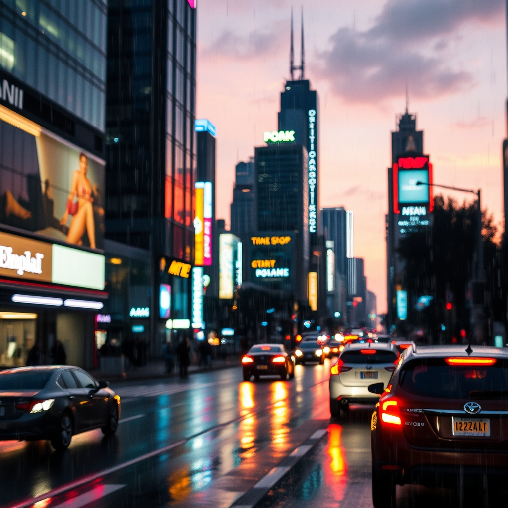 Cyberpunk cityscape at dusk with neon lights and soft focus