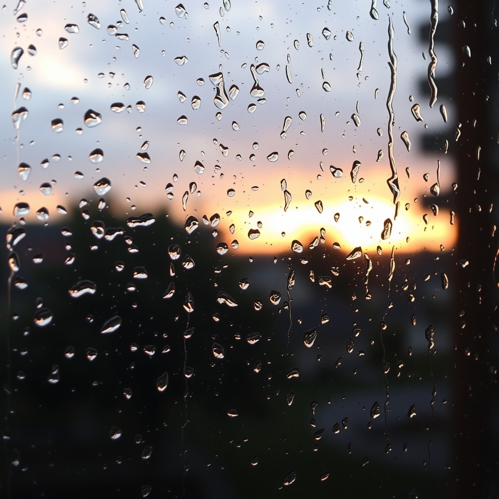 Rainy Window at Sunset with Raindrops