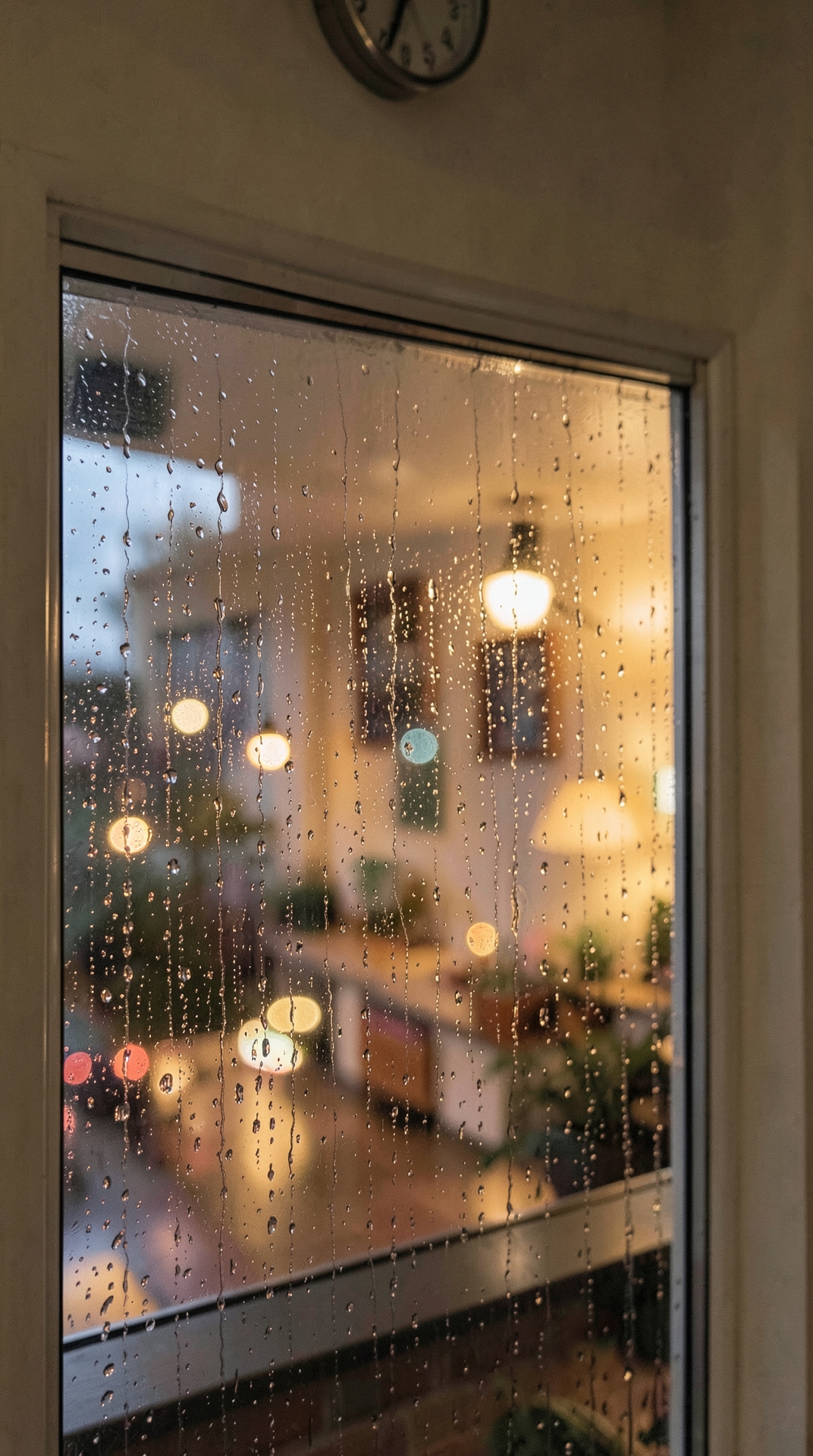 Rainy window with blurred bokeh lights