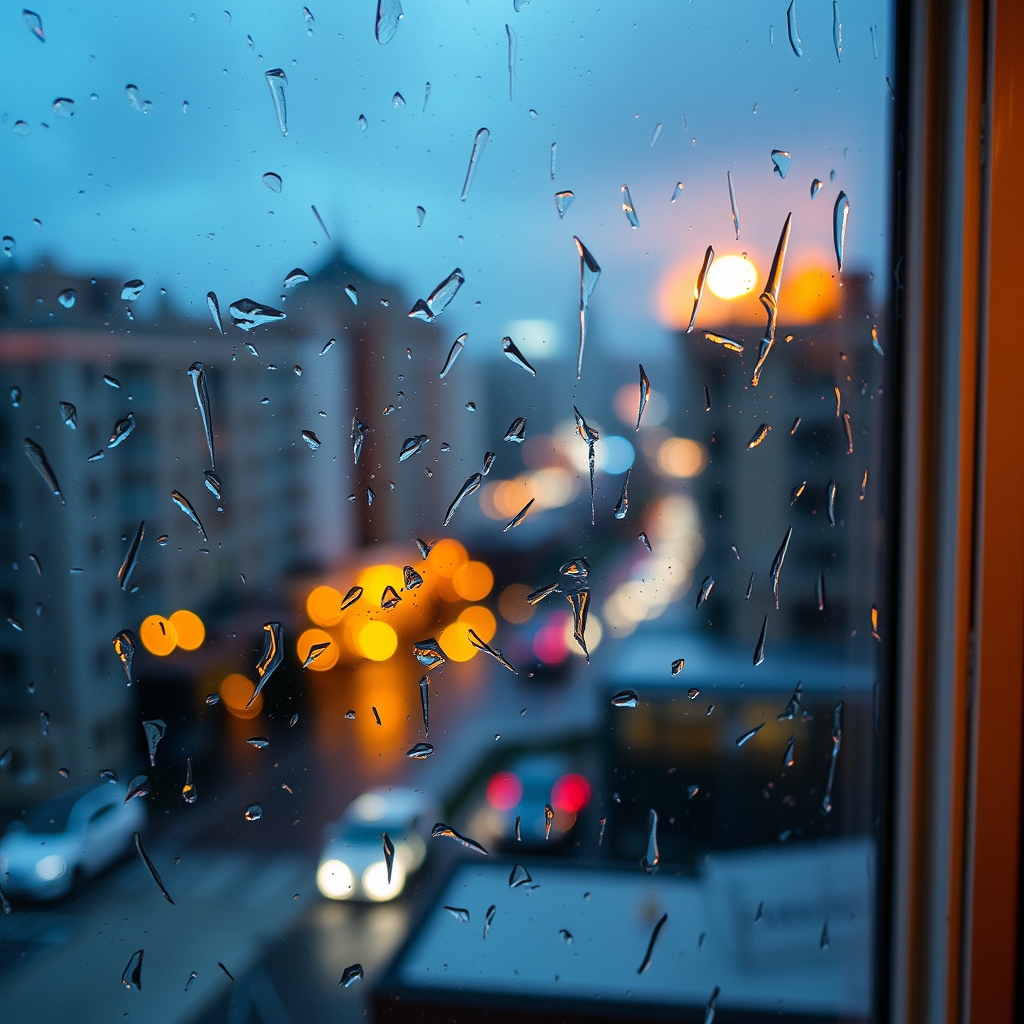 ぼやけた街並みが見える雨の窓