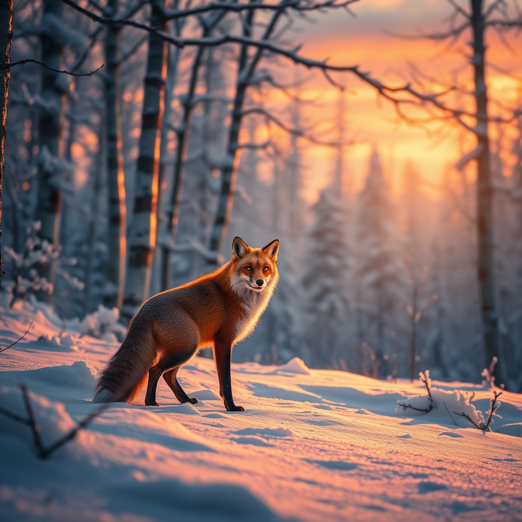 A red fox in a snowy forest at dusk, with warm lighting.
