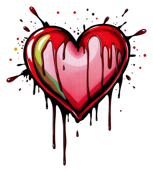 A red heart with colorful drips on a white background, featuring vibrant neon colors and a thick black outline.