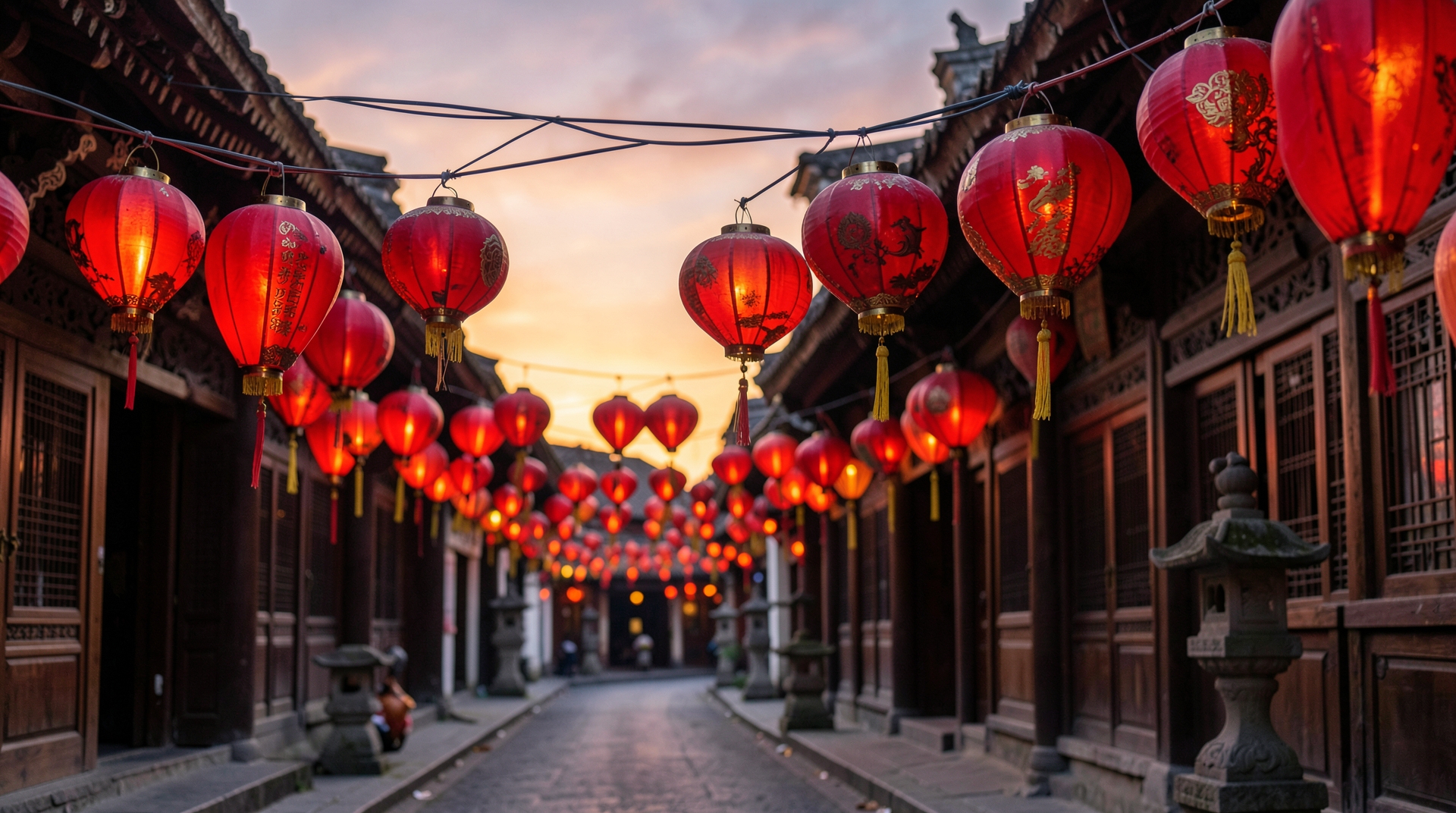 Red lanterns hanging in a traditional Asian street at sunset