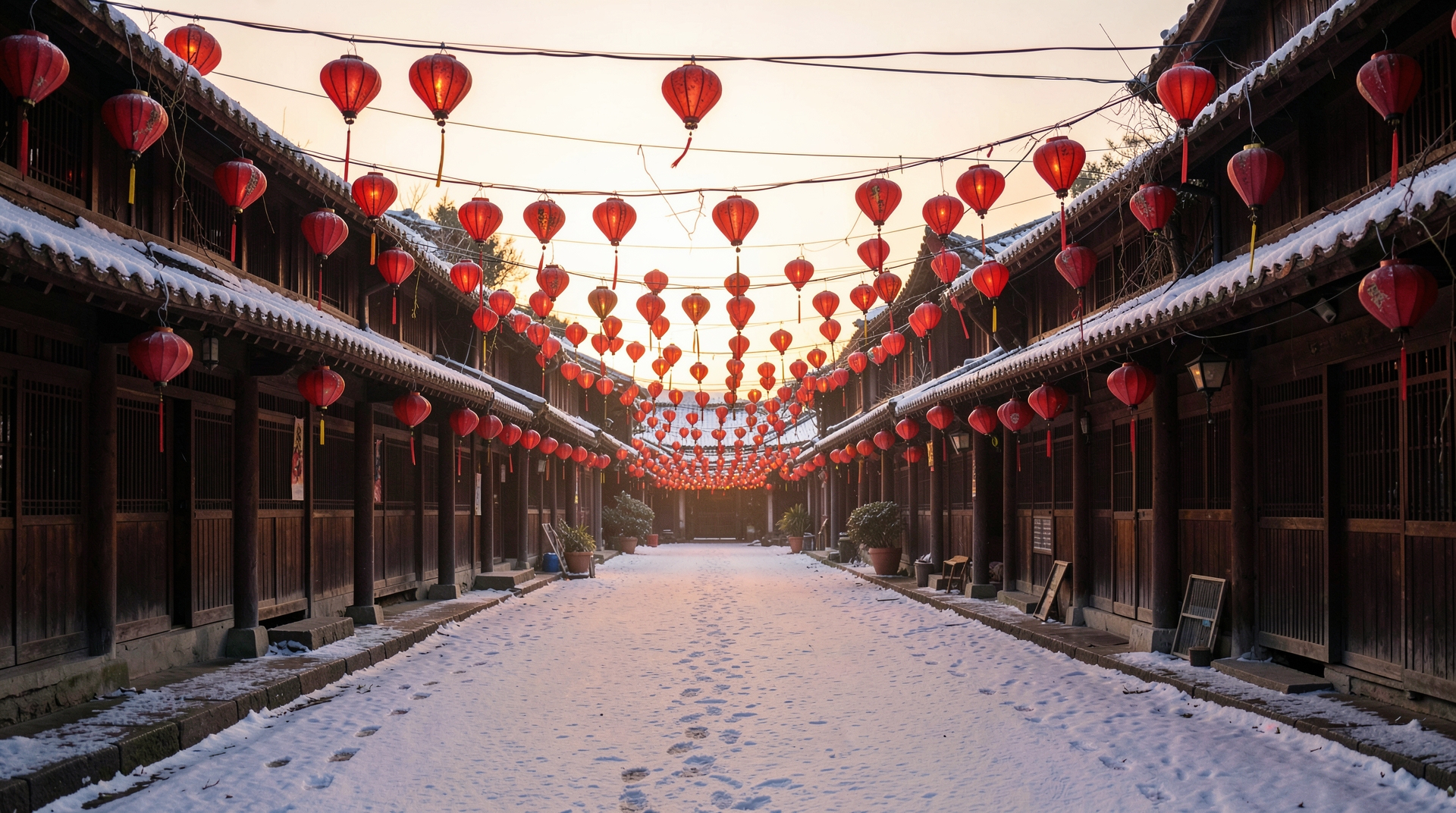 Red Lanterns in a Snowy Village at Sunset
