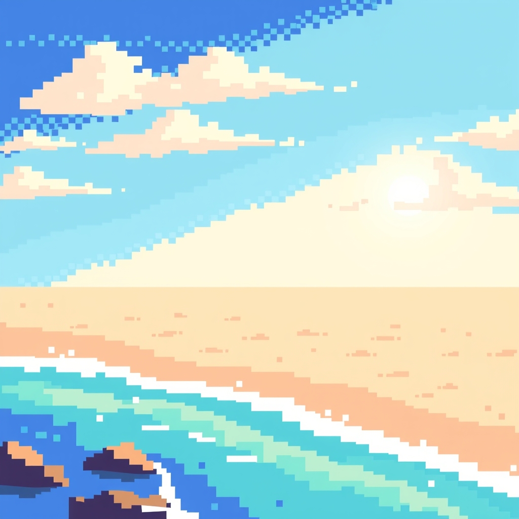 Pixel Art Seaside Scene with Bright Lighting and Empty Space